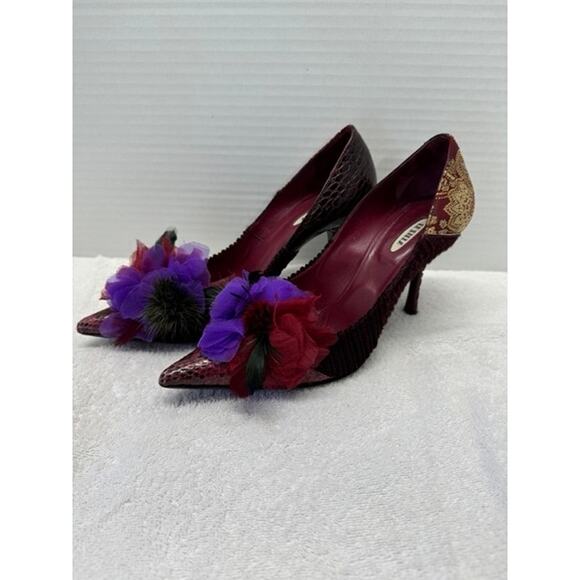 LE Stieff Embellished Floral Stiletto Heels Pumps Burgundy Leather Snakeskin - Picture 3 of 8